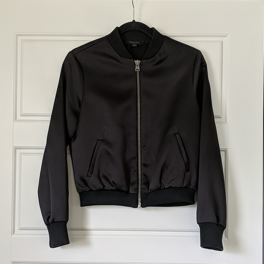 NWOT Allsaints Women's Black Satin Bomber Sz S